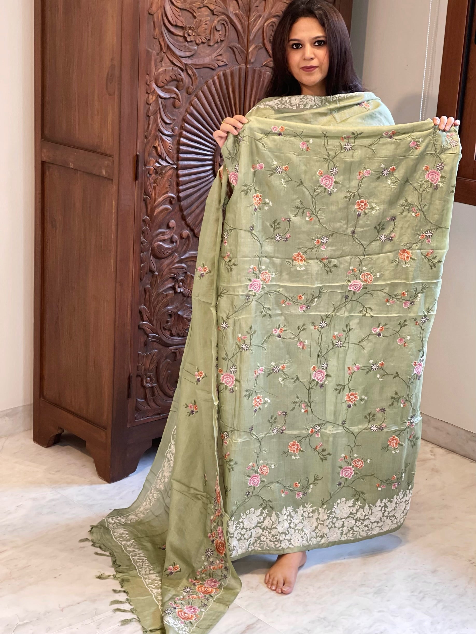Pista Green Suit Set with Thread Embroidery and Parsi Gara Embroidery in Pure Tussar Silk - Masakalee
