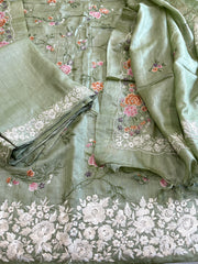 Pista Green Suit Set with Thread Embroidery and Parsi Gara Embroidery in Pure Tussar Silk - Masakalee