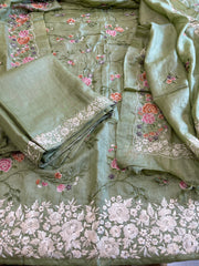 Pista Green Suit Set with Thread Embroidery and Parsi Gara Embroidery in Pure Tussar Silk - Masakalee