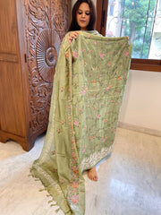 Pista Green Suit Set with Thread Embroidery and Parsi Gara Embroidery in Pure Tussar Silk - Masakalee