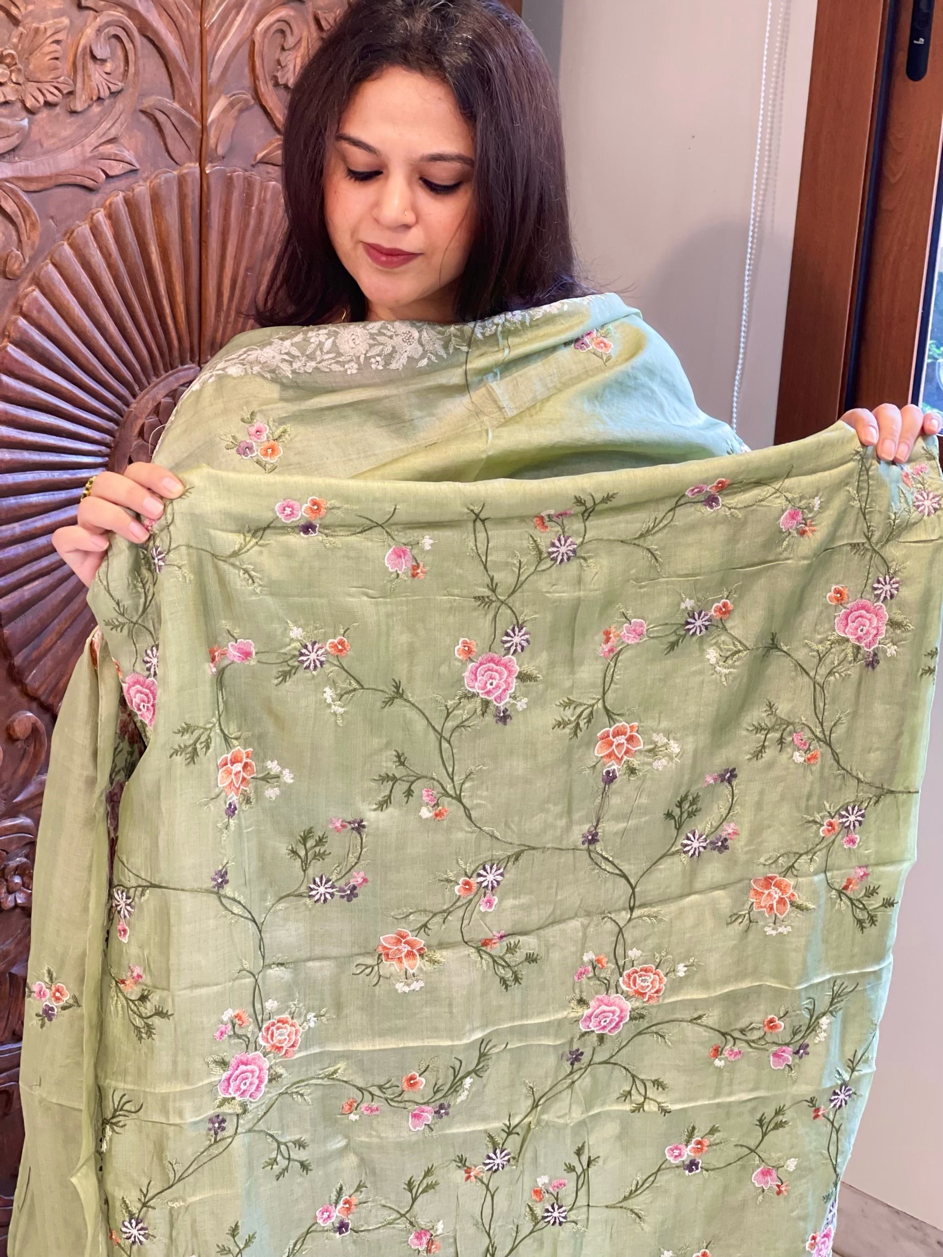 Pista Green Suit Set with Thread Embroidery and Parsi Gara Embroidery in Pure Tussar Silk - Masakalee