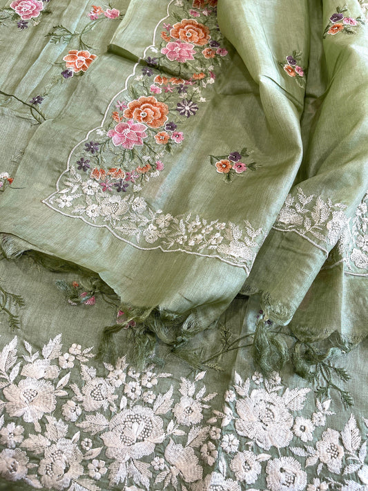 Pista Green Suit Set with Thread Embroidery and Parsi Gara Embroidery in Pure Tussar Silk - Masakalee