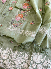 Pista Green Suit Set with Thread Embroidery and Parsi Gara Embroidery in Pure Tussar Silk - Masakalee