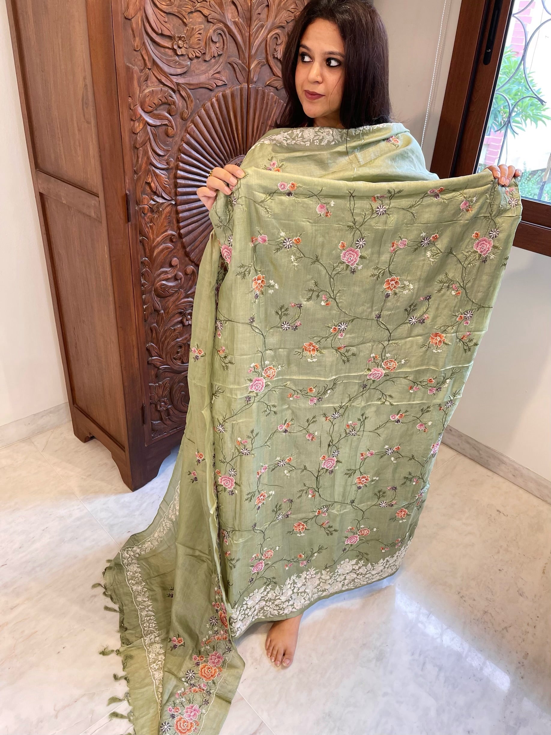 Pista Green Suit Set with Thread Embroidery and Parsi Gara Embroidery in Pure Tussar Silk - Masakalee