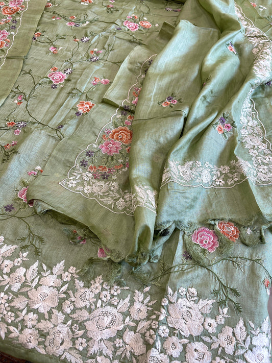 Pista Green Suit Set with Thread Embroidery and Parsi Gara Embroidery in Pure Tussar Silk - Masakalee