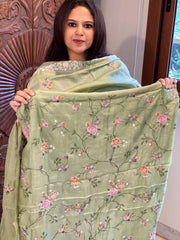 Pista Green Suit Set with Thread Embroidery and Parsi Gara Embroidery in Pure Tussar Silk - Masakalee