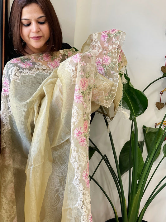 Pista Green Tissue Dupatta with Organza Embroidered Border - Masakalee