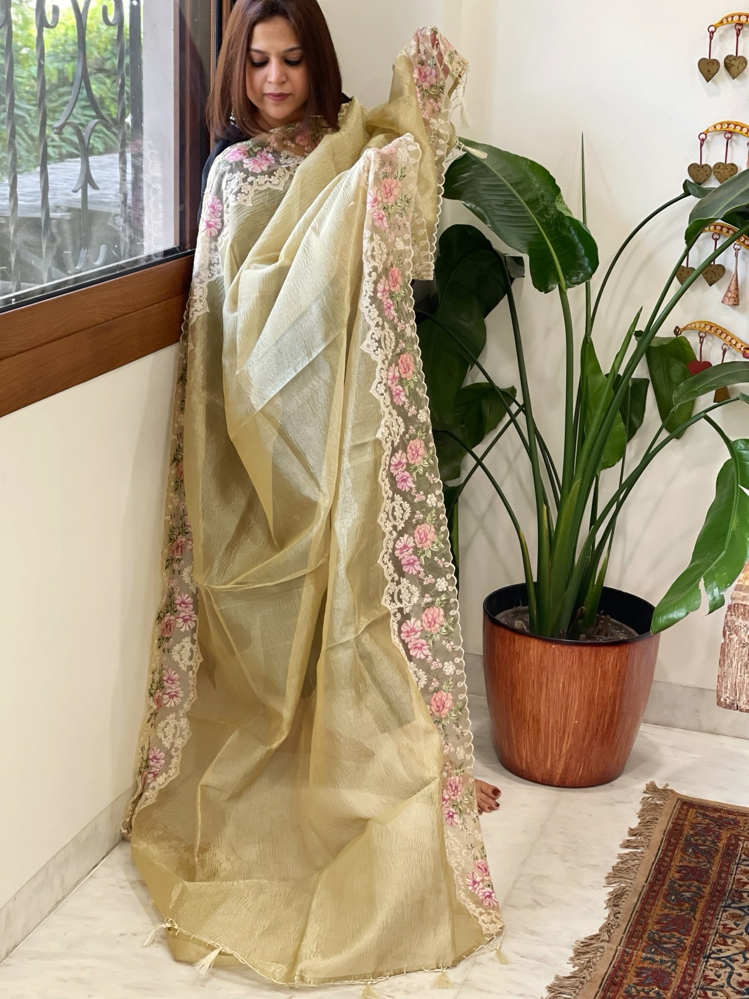 Pista Green Tissue Dupatta with Organza Embroidered Border - Masakalee