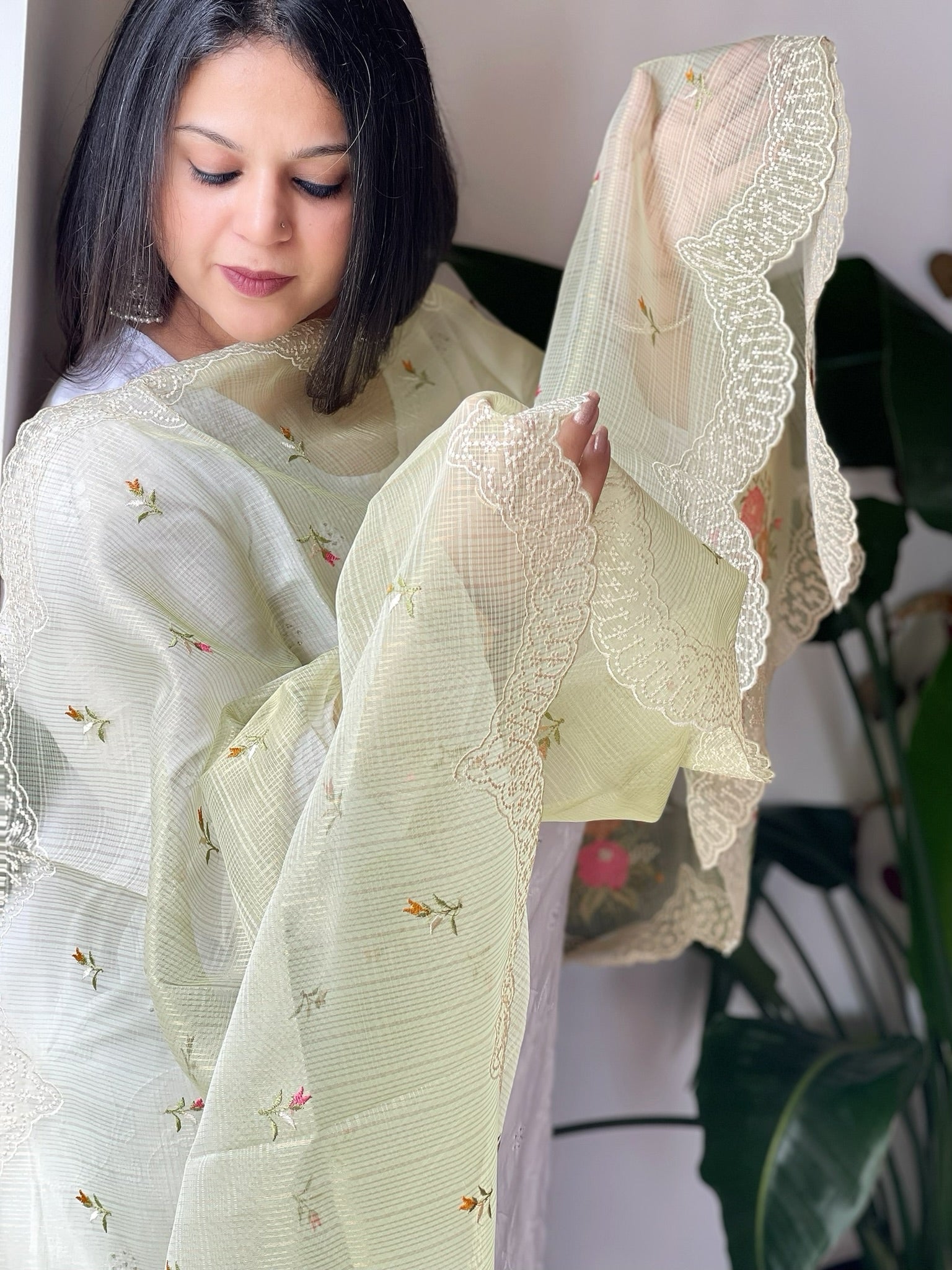Pista Green Tissue Organza Dupatta with cross - stitch embroidery - Masakalee