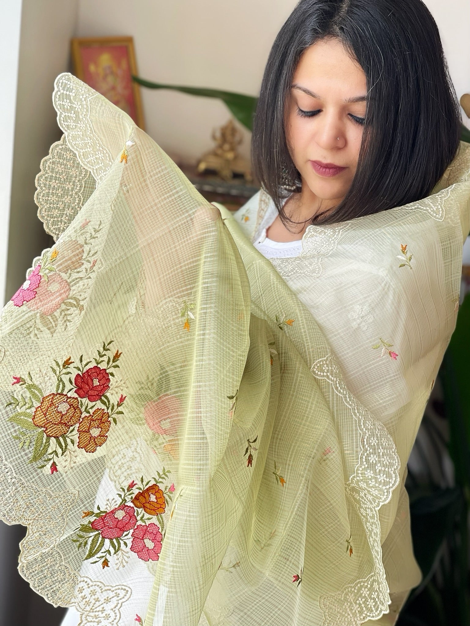 Pista Green Tissue Organza Dupatta with cross - stitch embroidery - Masakalee