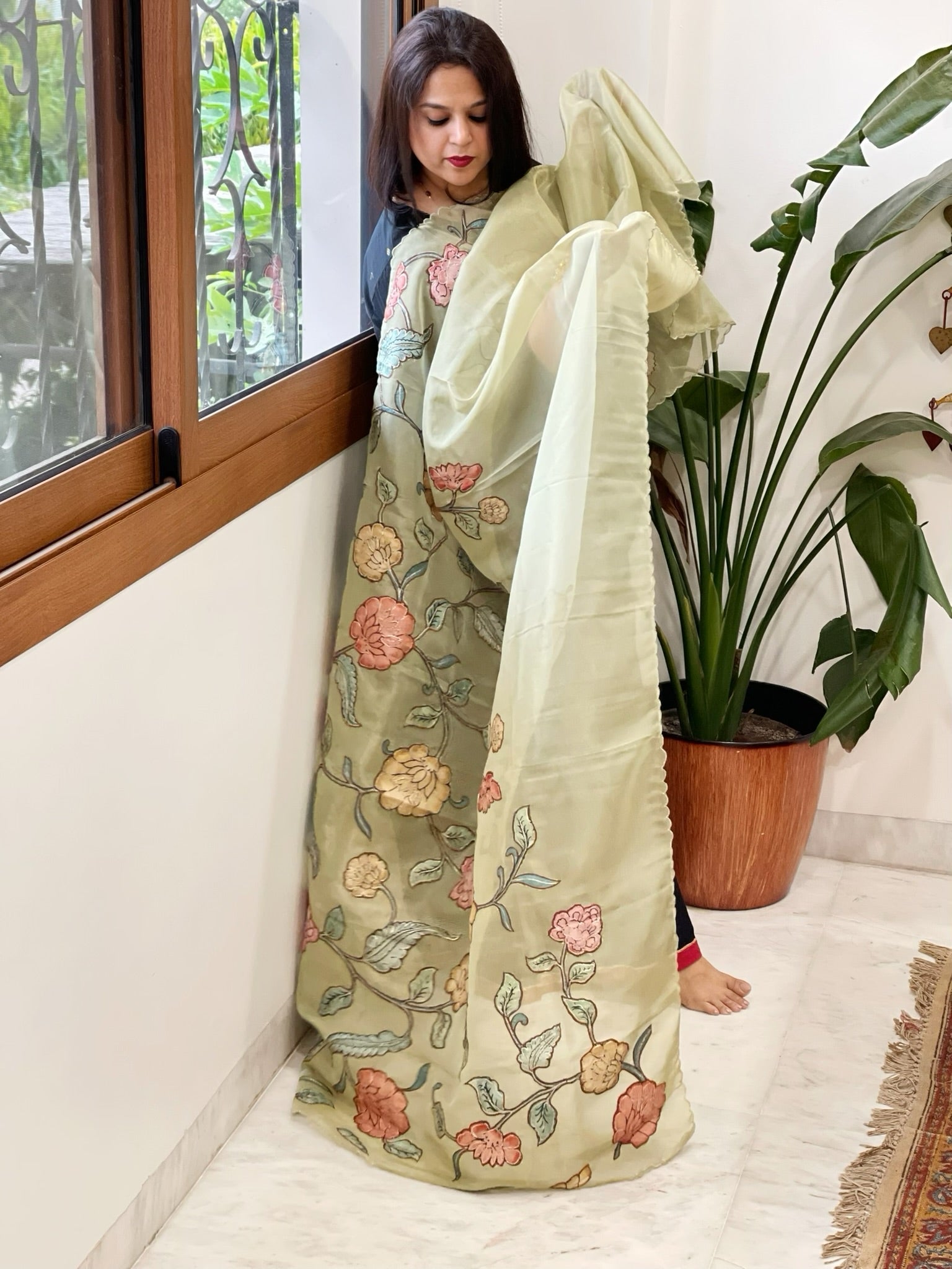Pista Green Tissue Organza Dupatta with Handpainted Applique Work - Masakalee