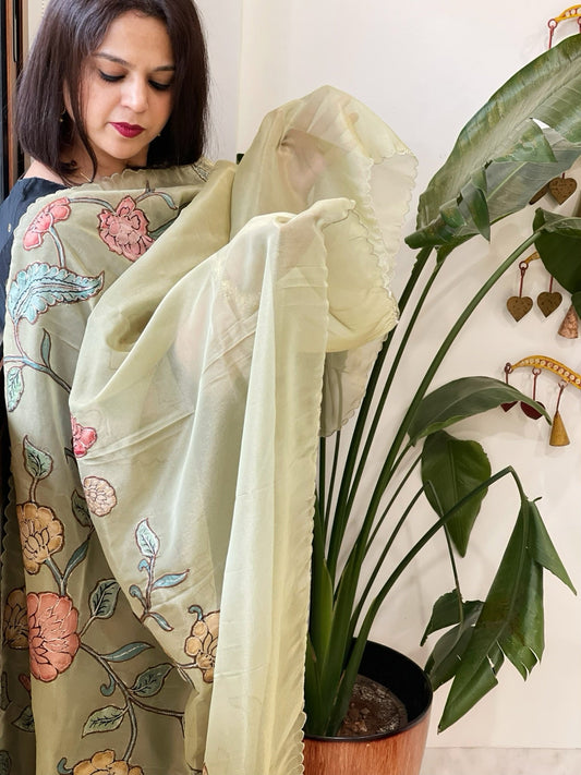 Pista Green Tissue Organza Dupatta with Handpainted Applique Work - Masakalee