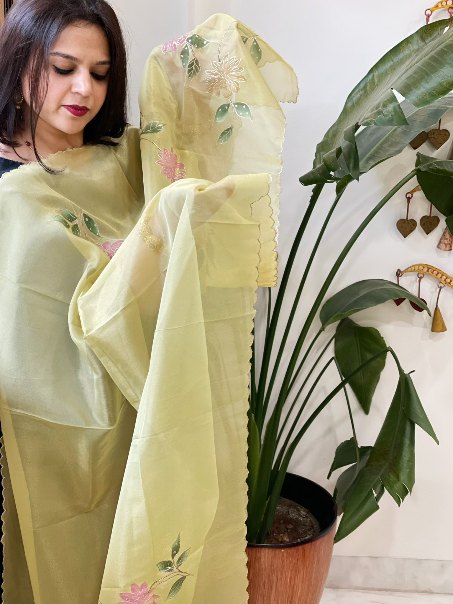 Pista Green Tissue Organza Dupatta with Handpainted Applique Work - Masakalee