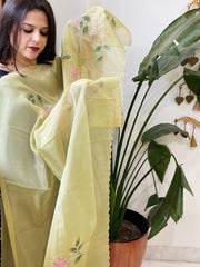 Pista Green Tissue Organza Dupatta with Handpainted Applique Work - Masakalee