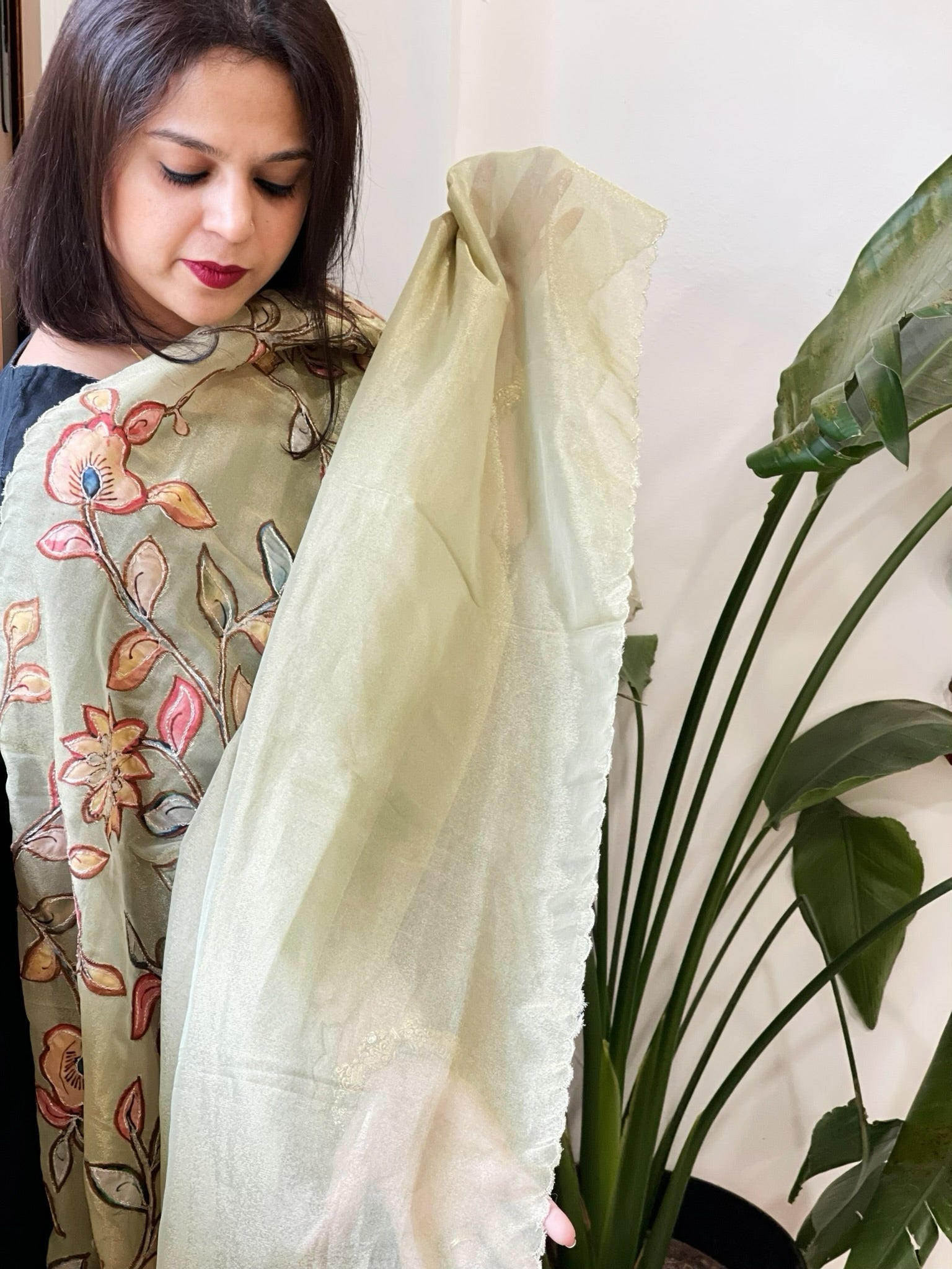 Pista Green Tissue Organza Dupatta with Handpainted Applique Work - Masakalee