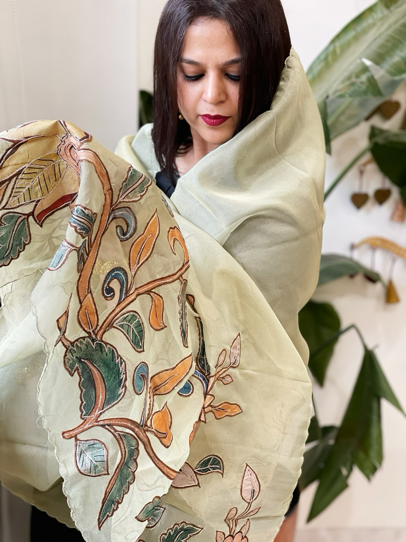 Pista Green Tissue Organza Dupatta with Handpainted Applique Work - Masakalee