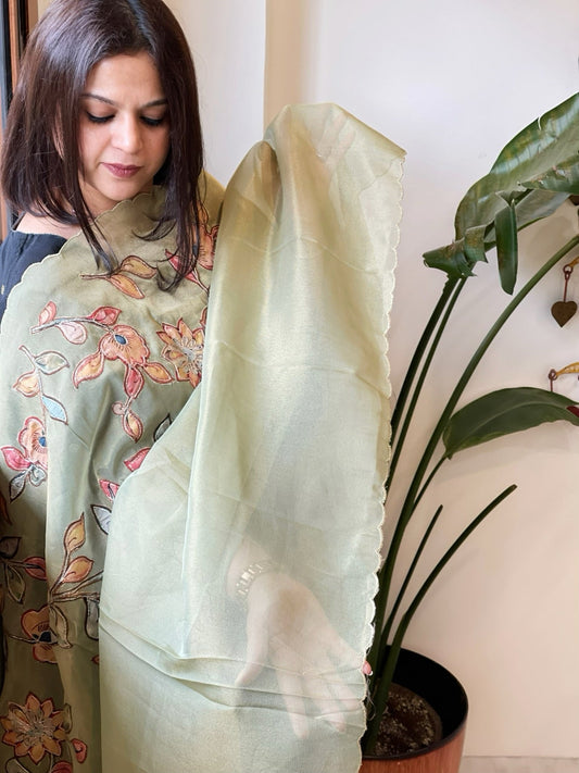 Pista Green Tissue Organza Dupatta with Handpainted Applique Work - Masakalee