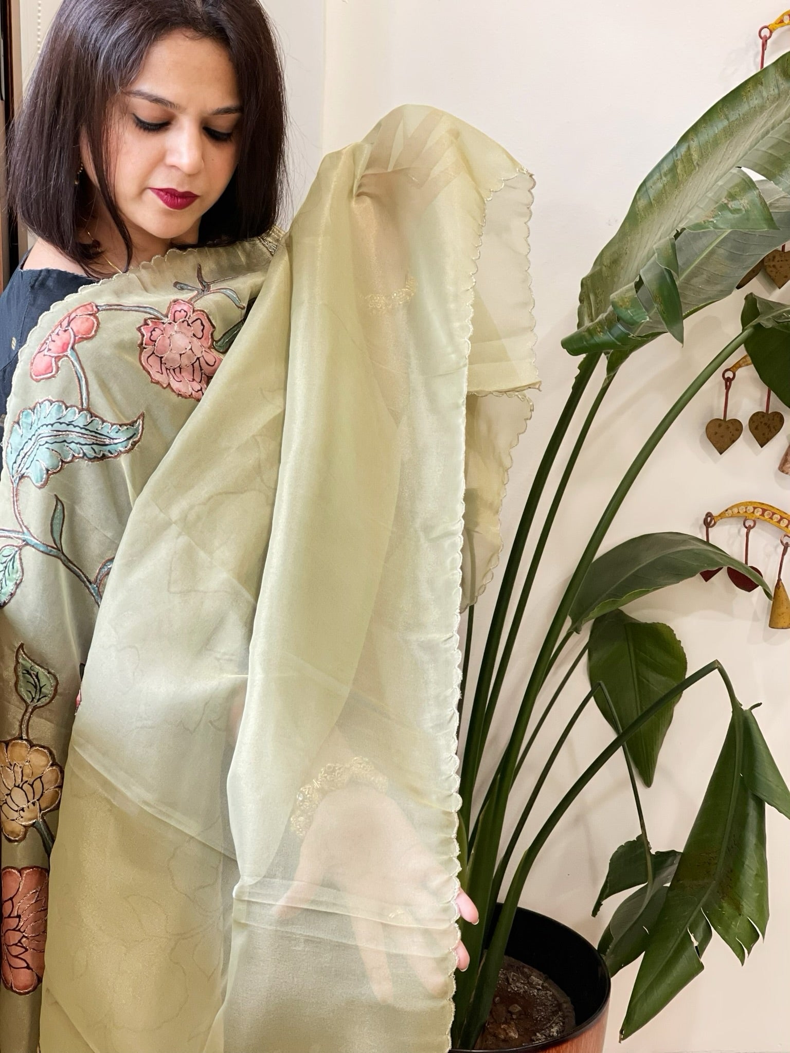 Pista Green Tissue Organza Dupatta with Handpainted Applique Work - Masakalee