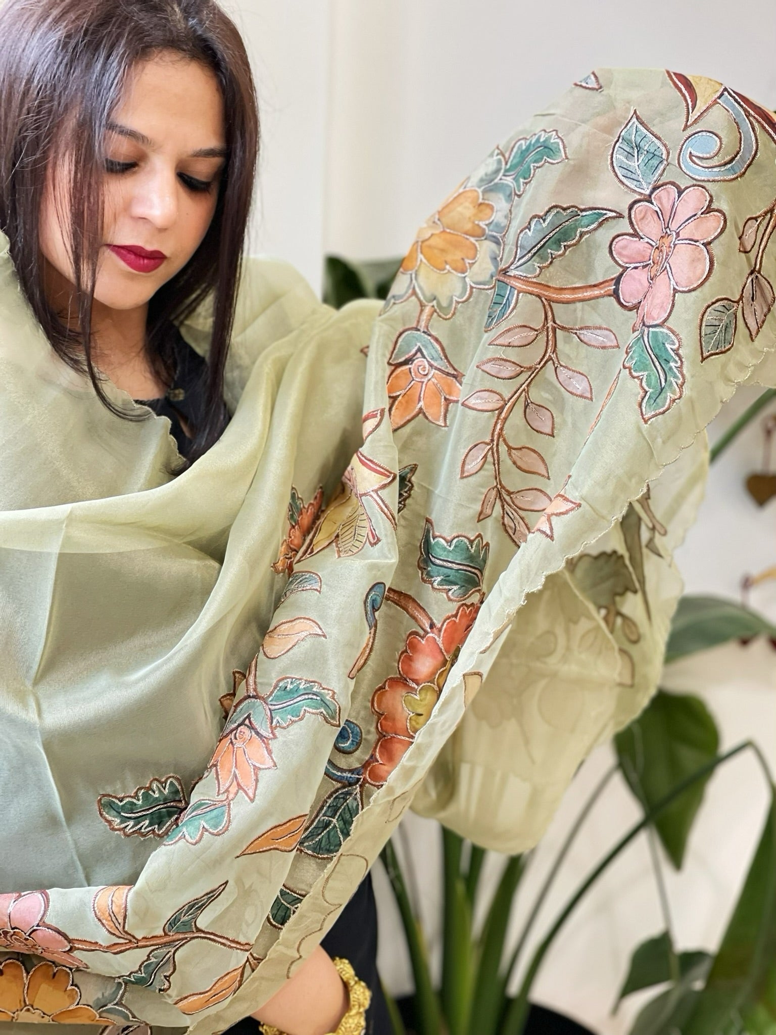 Pista Green Tissue Organza Dupatta with Handpainted Applique Work - Masakalee