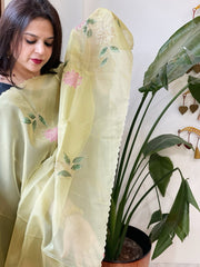 Pista Green Tissue Organza Dupatta with Handpainted Applique Work - Masakalee