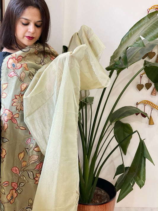 Pista Green Tissue Organza Dupatta with Handpainted Applique Work - Masakalee
