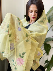 Pista Green Tissue Organza Dupatta with Handpainted Applique Work - Masakalee