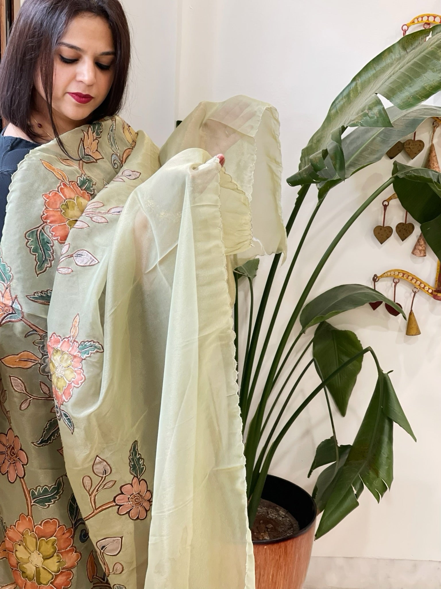 Pista Green Tissue Organza Dupatta with Handpainted Applique Work - Masakalee