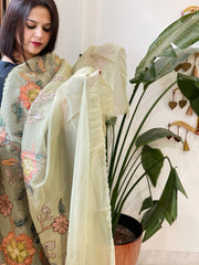 Pista Green Tissue Organza Dupatta with Handpainted Applique Work - Masakalee