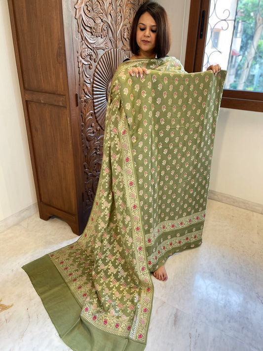 Pista Green Woven Suit Set with Zari and Meenakari in Weaving in Pure Moonga Silk - Masakalee