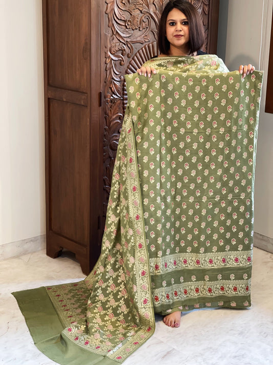 Pista Green Woven Suit Set with Zari and Meenakari in Weaving in Pure Moonga Silk - Masakalee