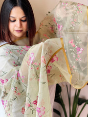 Pista Organza Dupatta with cross - stitch embroidery - Masakalee