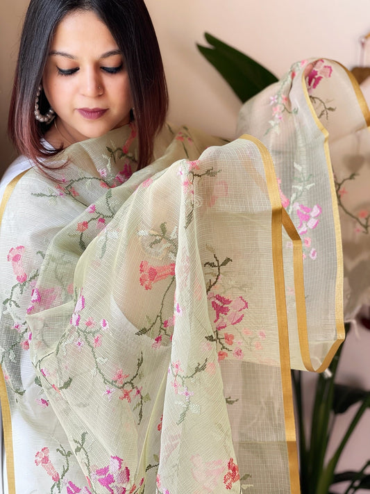 Pista Organza Dupatta with cross - stitch embroidery - Masakalee