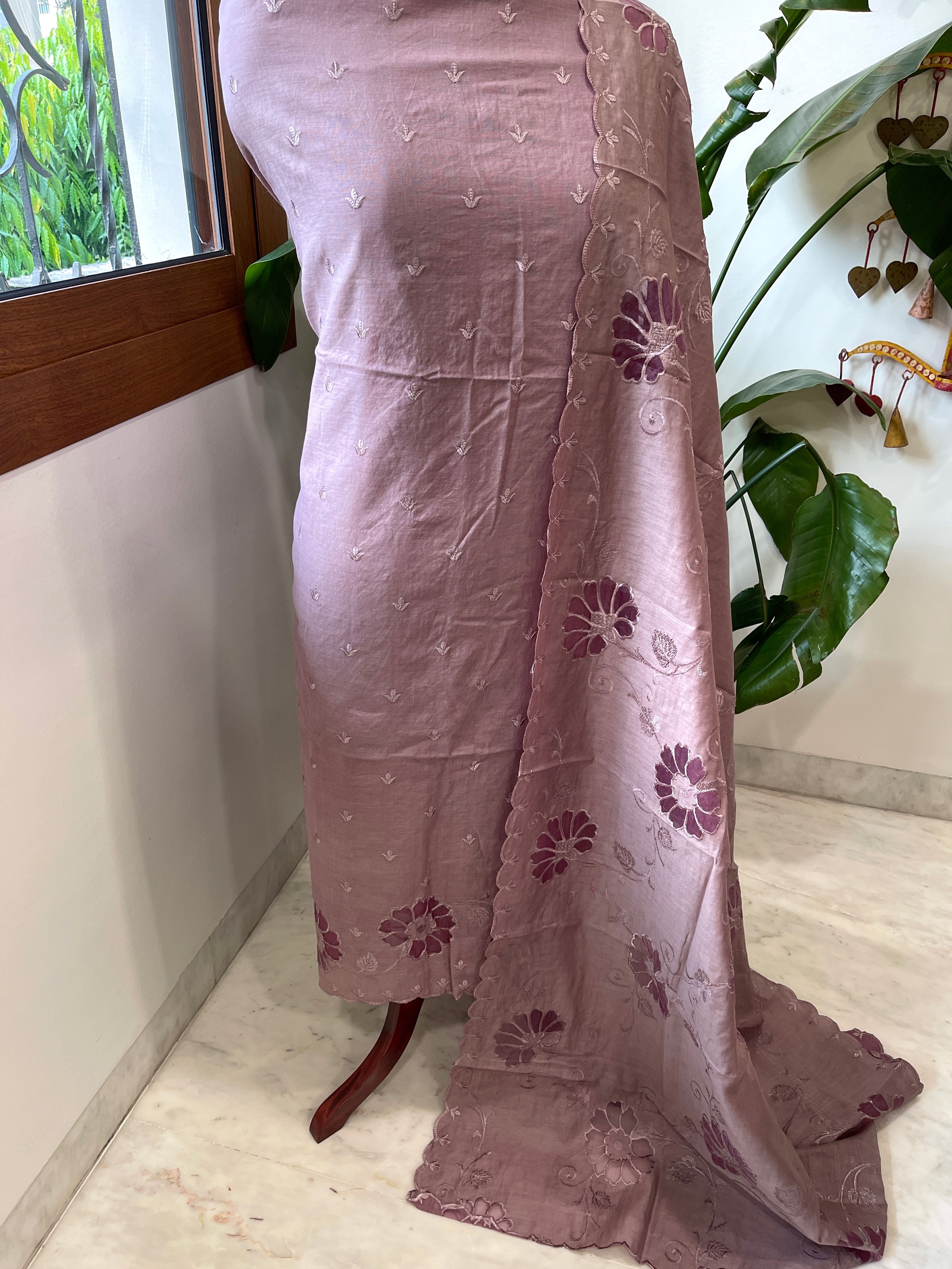 Plum Mul Chanderi Suit Set with Cut Work - Masakalee