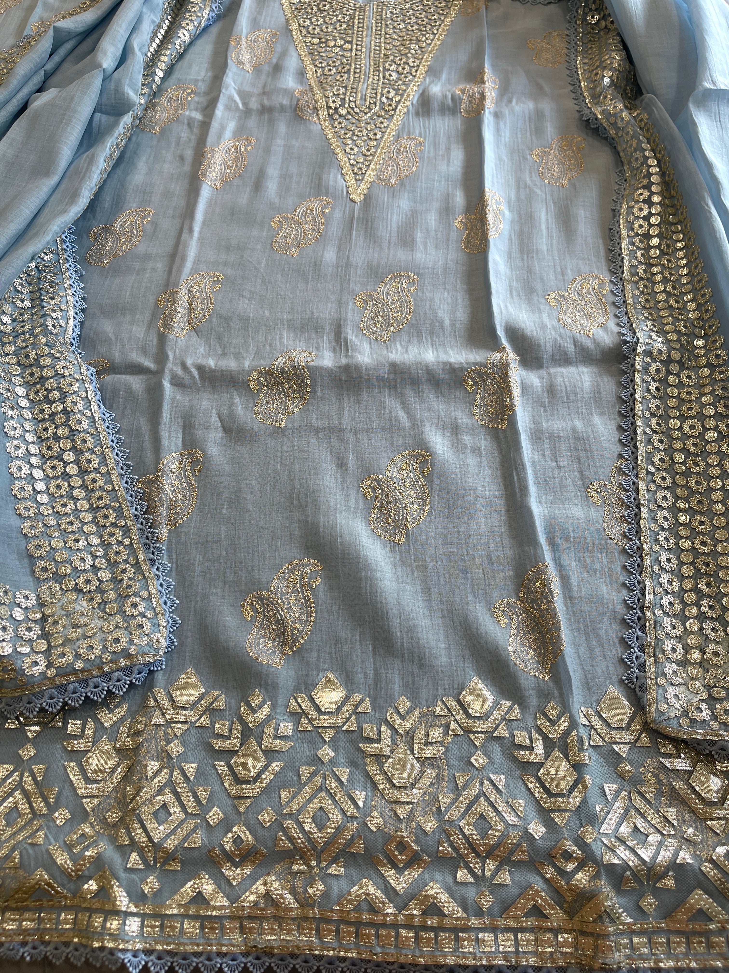 Powder Blue Gota Applique Suit Set in Pure Mul Chanderi - Masakalee