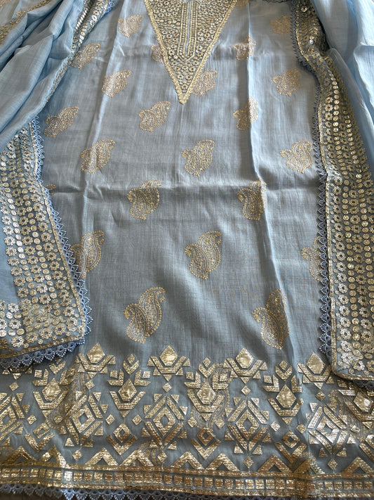 Powder Blue Gota Applique Suit Set in Pure Mul Chanderi - Masakalee
