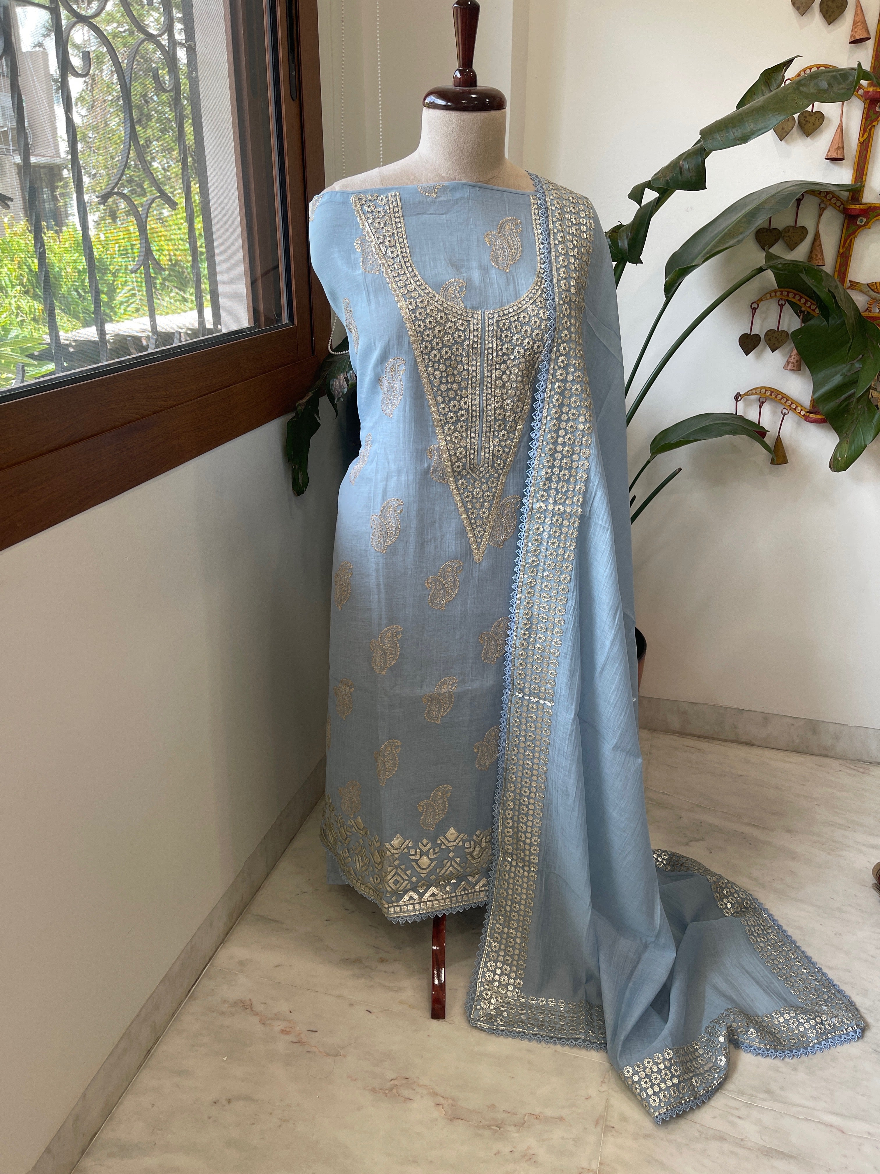 Powder Blue Gota Applique Suit Set in Pure Mul Chanderi - Masakalee