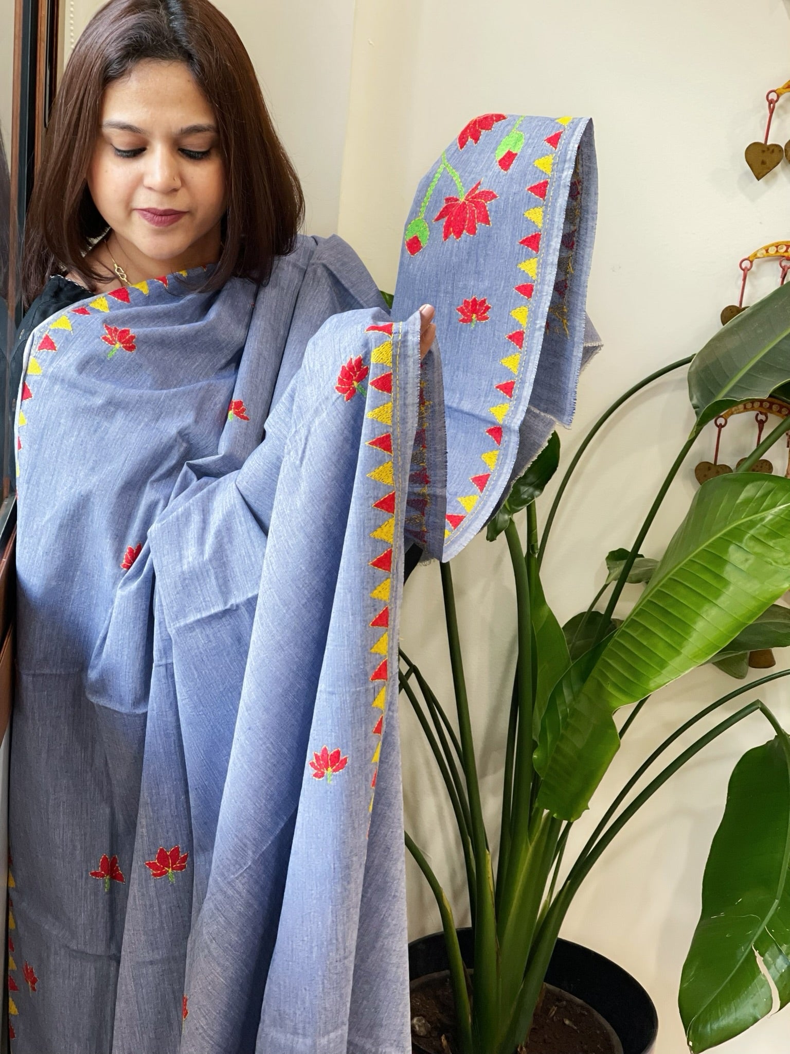 Powder Blue Handmade Kantha Dupatta in Pure Cotton - Masakalee