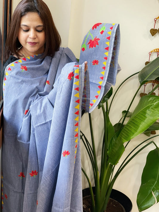 Powder Blue Handmade Kantha Dupatta in Pure Cotton - Masakalee