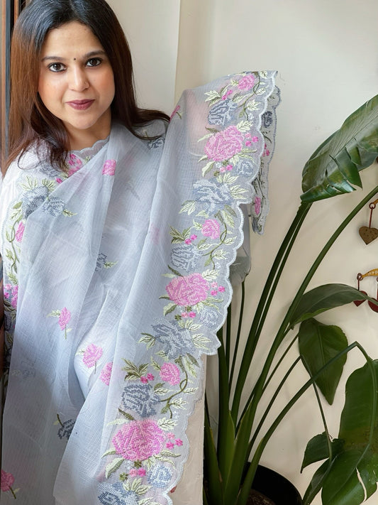 Powder Blue Kota Cotton Dupatta with Cross - Stitch Embroidered Border - Masakalee