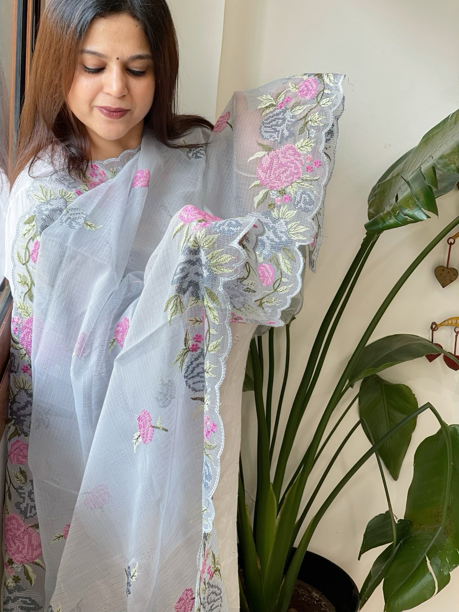 Powder Blue Kota Cotton Dupatta with Cross - Stitch Embroidered Border - Masakalee