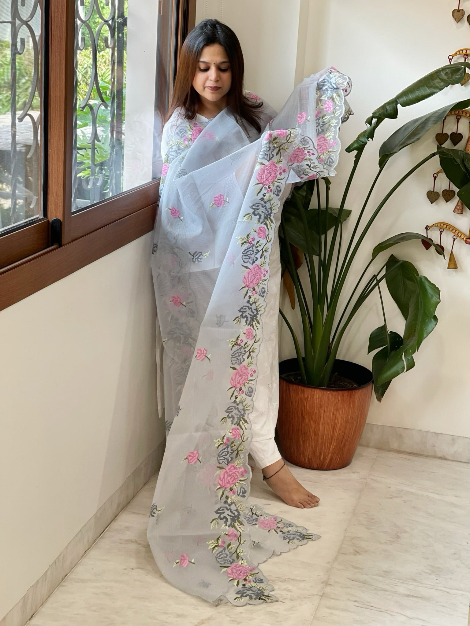 Powder Blue Kota Cotton Dupatta with Cross - Stitch Embroidered Border - Masakalee