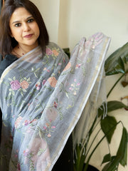 Powder Blue Kota Cotton Dupatta with Thread Embroidery - Masakalee