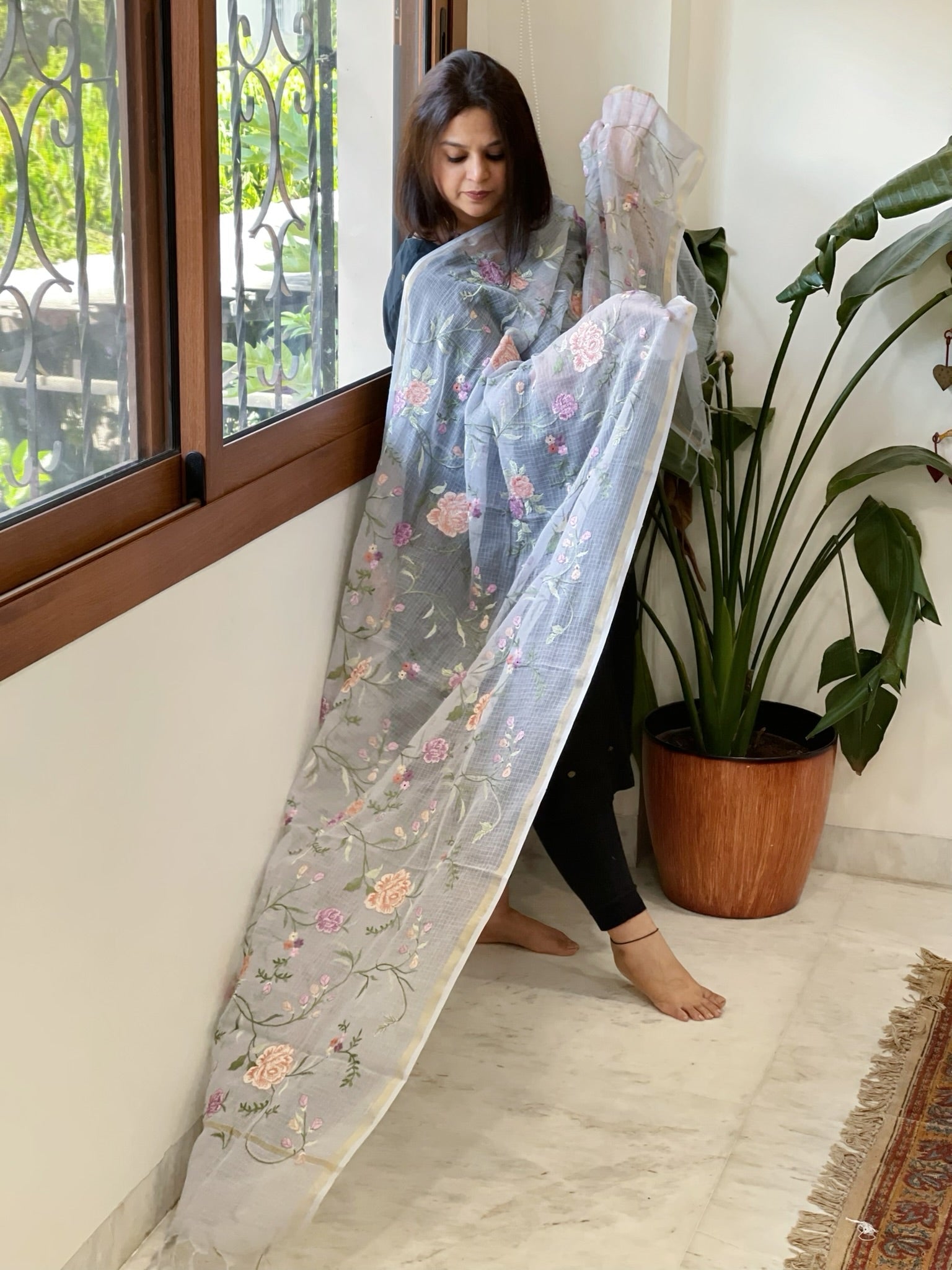 Powder Blue Kota Cotton Dupatta with Thread Embroidery - Masakalee
