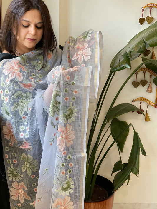 Powder Blue Kota Cotton Dupatta with Thread Embroidery - Masakalee