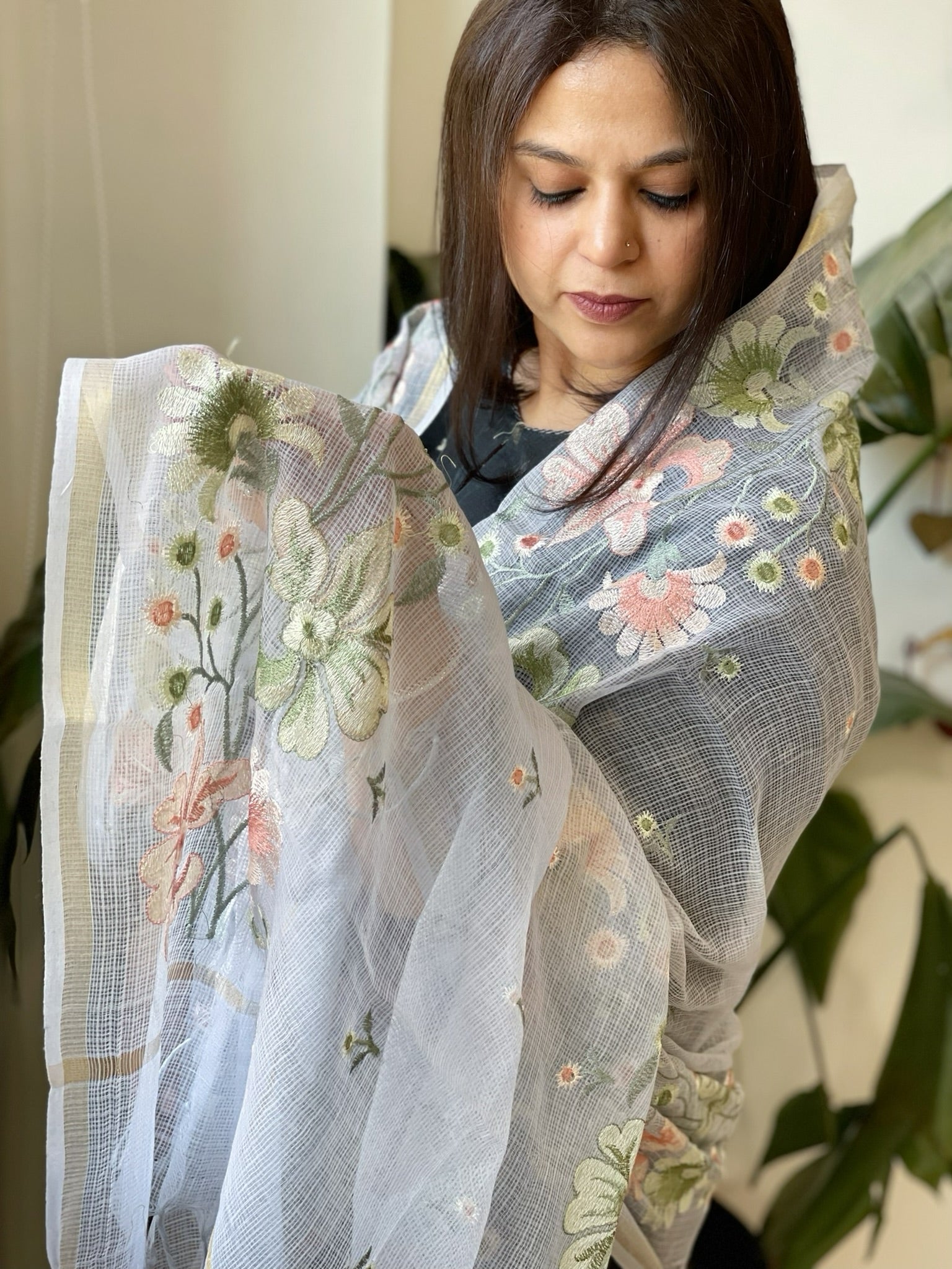 Powder Blue Kota Cotton Dupatta with Thread Embroidery - Masakalee