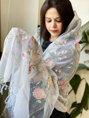 Powder Blue Kota Cotton Dupatta with Thread Embroidery - Masakalee