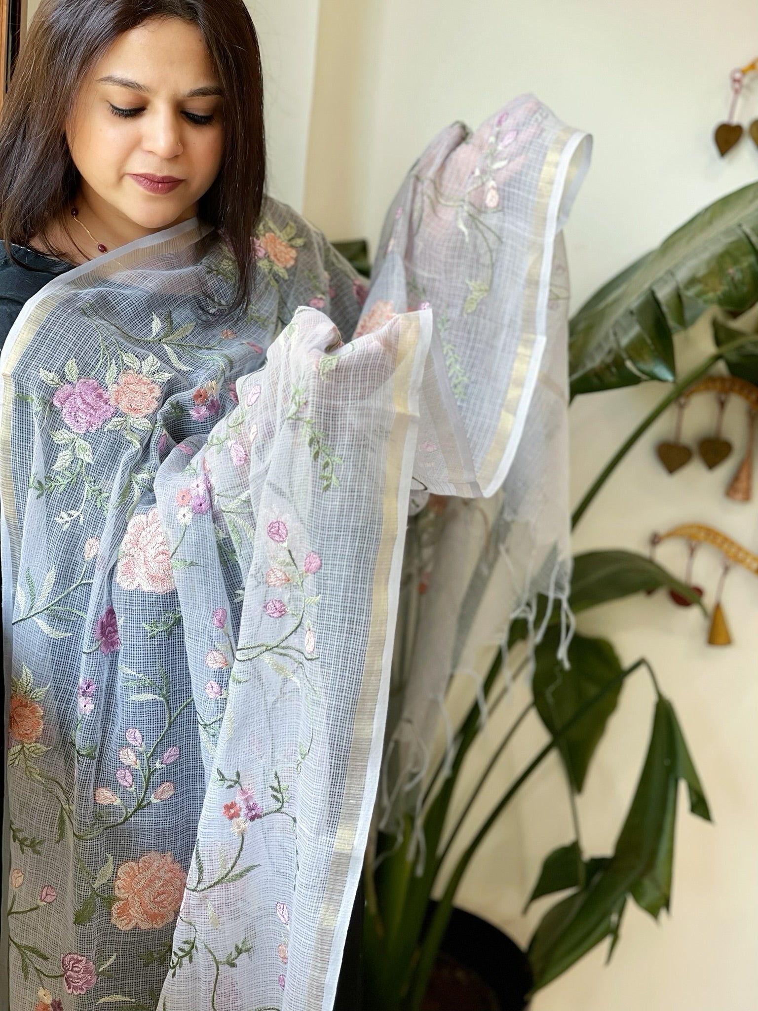 Powder Blue Kota Cotton Dupatta with Thread Embroidery - Masakalee