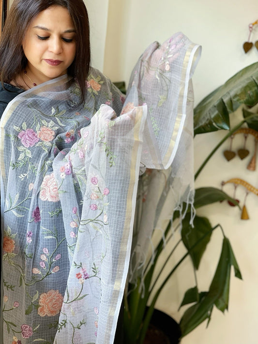Powder Blue Kota Cotton Dupatta with Thread Embroidery - Masakalee