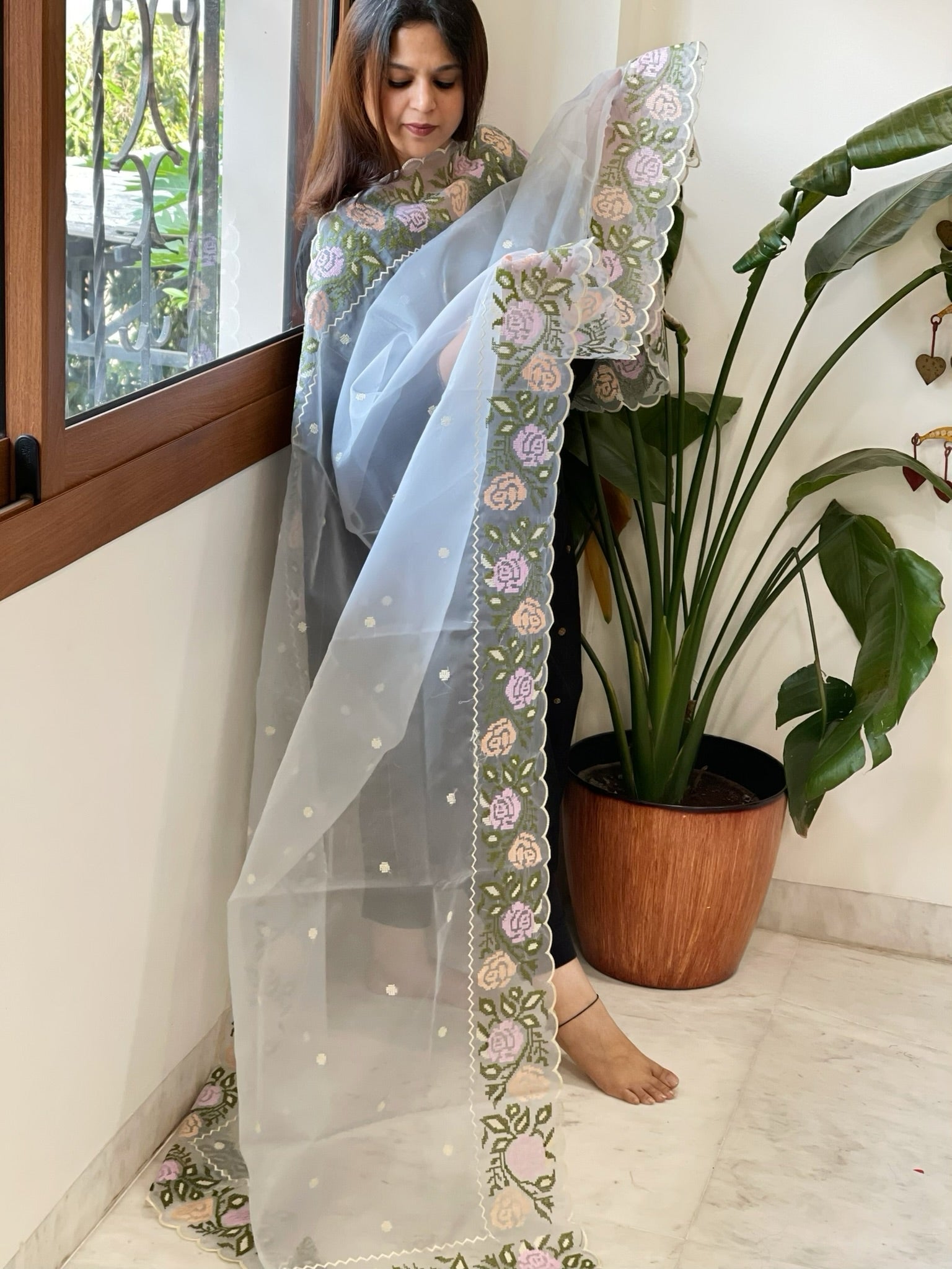 Powder Blue Organza Dupatta with Cross - Stitch Embroidery - Masakalee