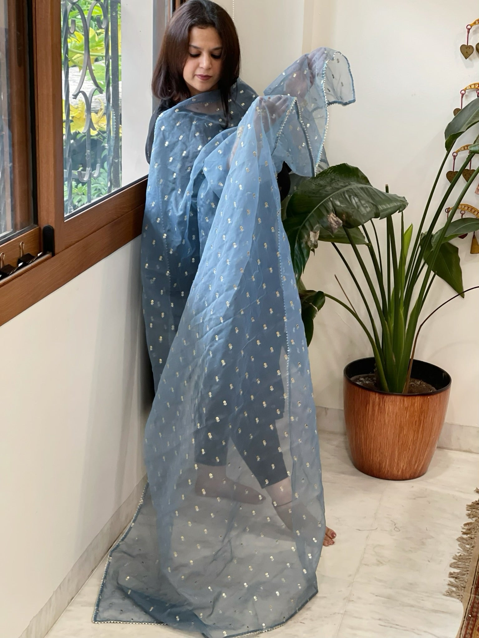 Powder Blue Organza Dupatta with Pitta Work Butas and Gota Lace Border - Masakalee